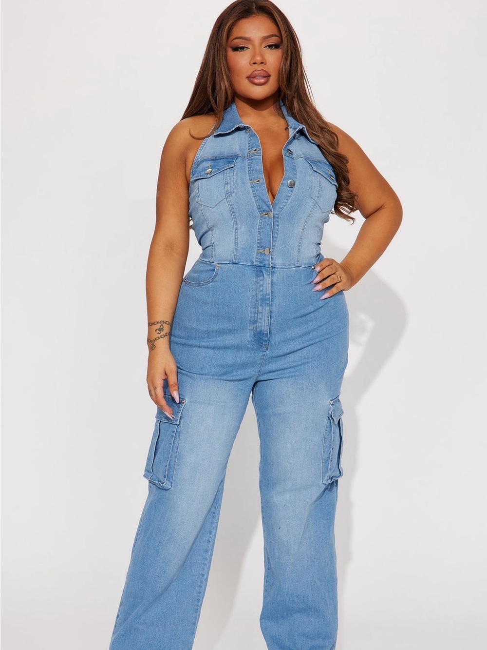 Fashion Nova Light Blue Denim Cargo Jumpsuit Overalls